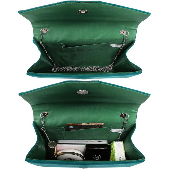 Women's Green Evening Formal Party Clutches Cocktail Prom Velvet Handbags - Picture 4 of 5